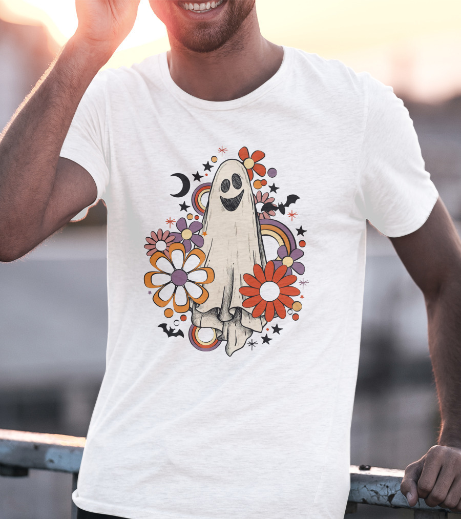 Retro Halloween Ghost With Flowers And Bats T-Shirt