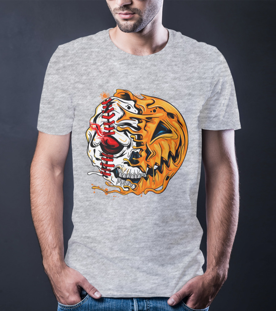 Baseball Pumpkin Skull Halloween Fusion T-Shirt