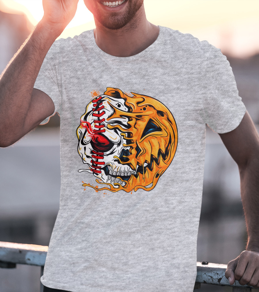 Baseball Pumpkin Skull Halloween Fusion T-Shirt