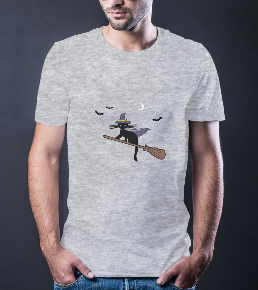 Black Cat Halloween Hocus Pocus Magic Broomstick Bat Lover T-Shirt