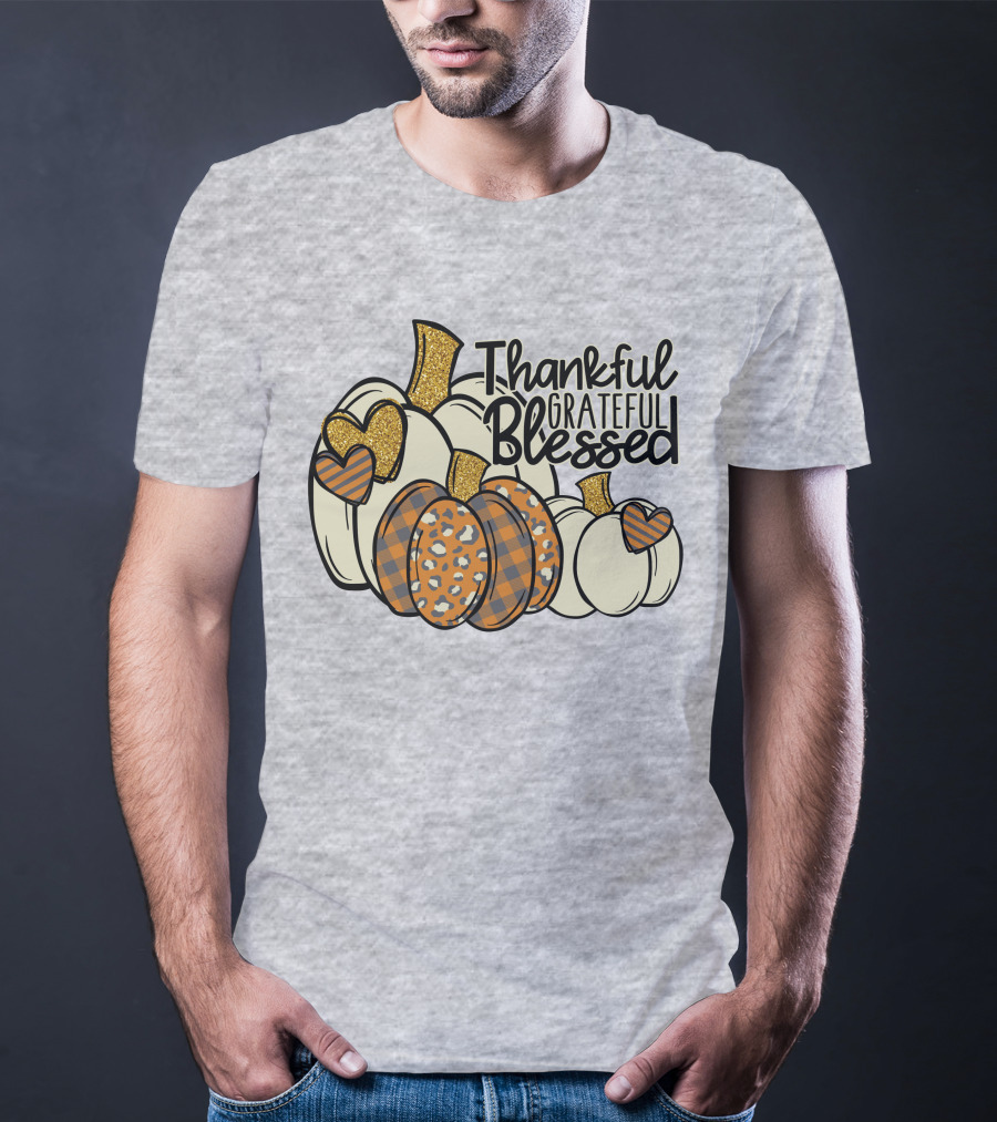 Thankful Grateful Blessed Leopard Pumpkin Thanksgiving T-Shirt