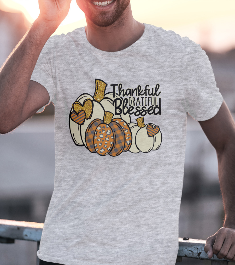 Thankful Grateful Blessed Leopard Pumpkin Thanksgiving T-Shirt