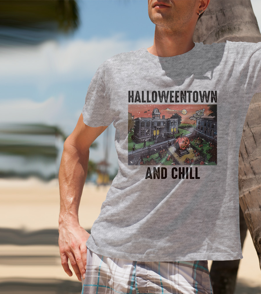 Halloweentown And Chill Spooky Town Scene With Lit Pumpkin Statue T-Shirt