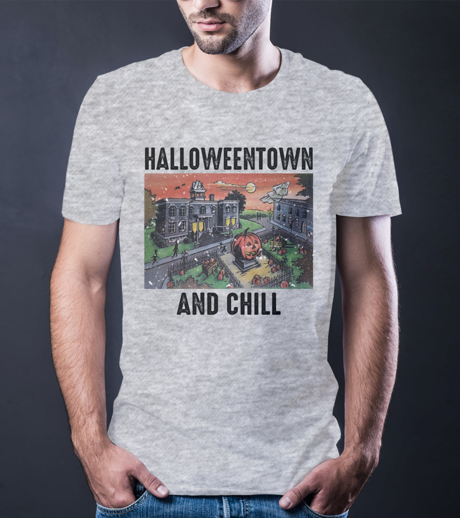 Halloweentown And Chill Spooky Town Scene With Lit Pumpkin Statue T-Shirt