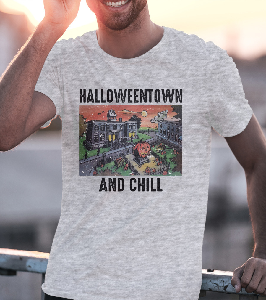 Halloweentown And Chill Spooky Town Scene With Lit Pumpkin Statue T-Shirt