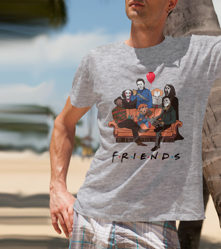 Famous Horror Movie Killers Characters Friends Sitting On Couch With Red Balloon T-Shirt