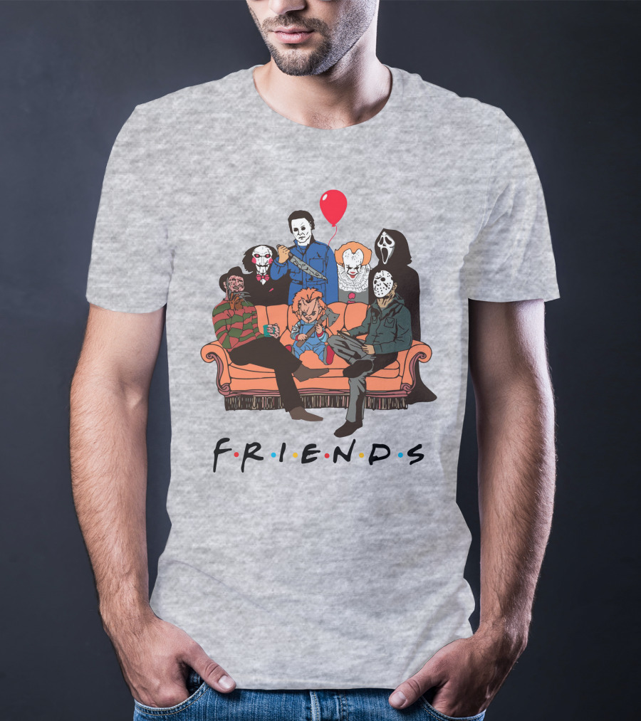 Famous Horror Movie Killers Characters Friends Sitting On Couch With Red Balloon T-Shirt