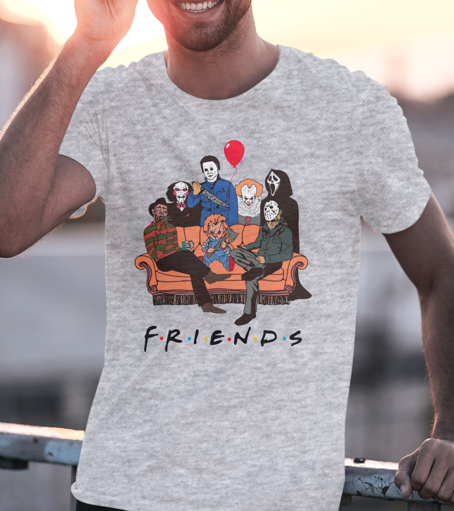 Famous Horror Movie Killers Characters Friends Sitting On Couch With Red Balloon T-Shirt