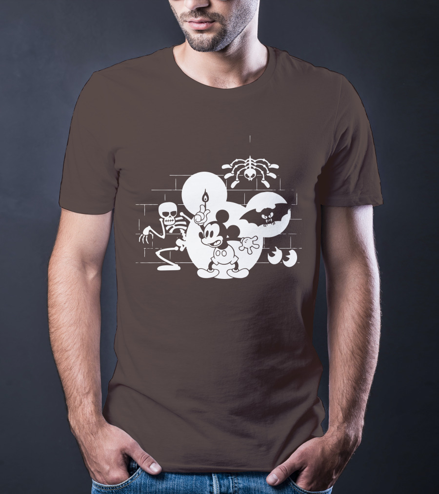 Mickey Mouse Haunted Halloween Mansion With Skeleton And Bat T-Shirt