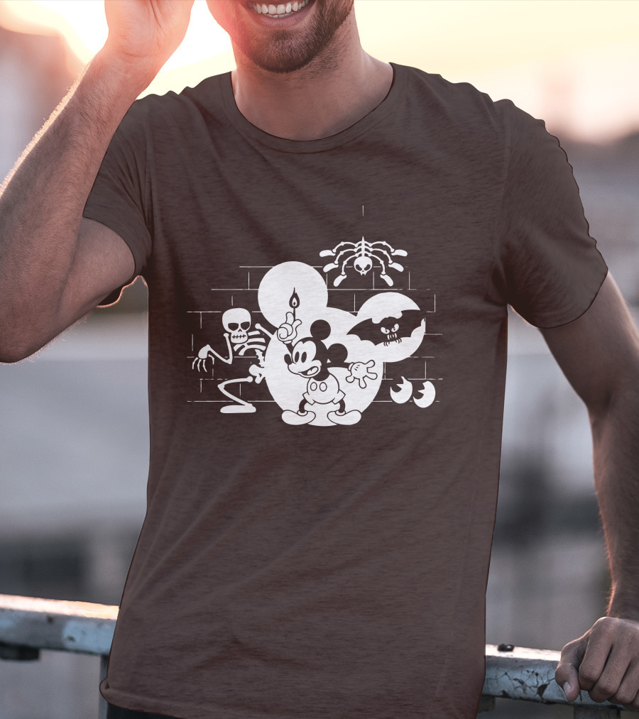Mickey Mouse Haunted Halloween Mansion With Skeleton And Bat T-Shirt