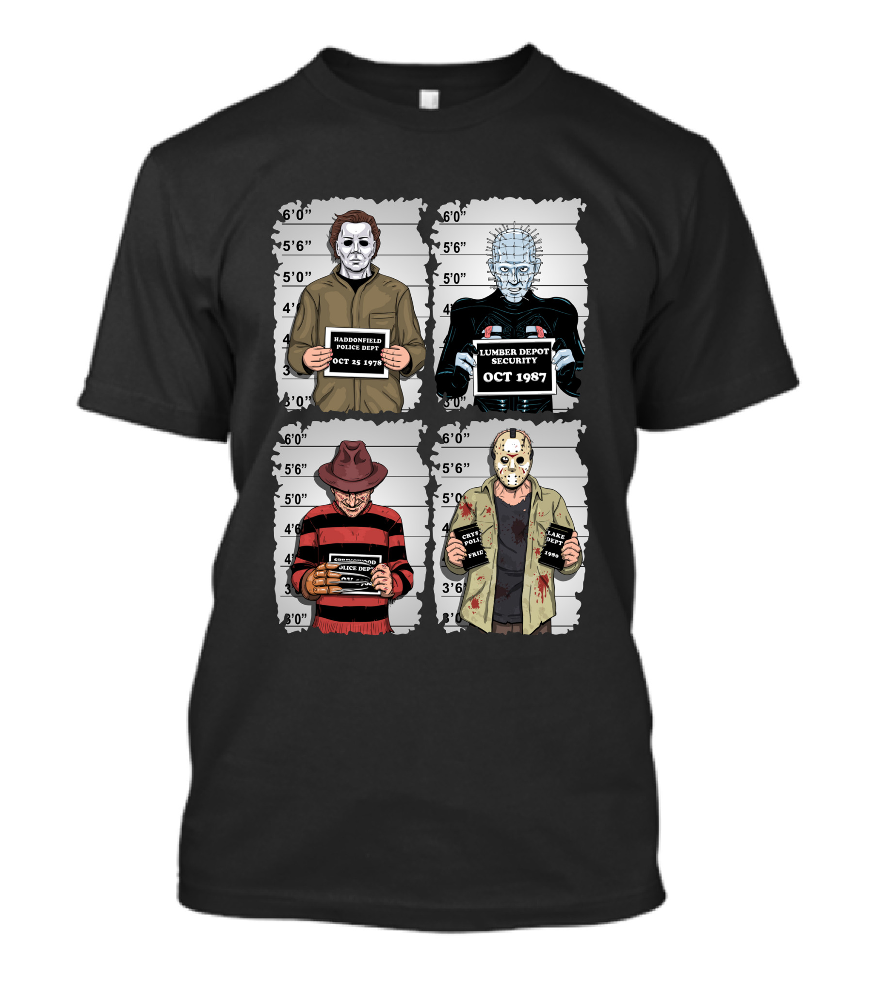 Horror Movie Characters Mugshot Haddonfield Lumber Depot Freddy Elm Street Lake Crystal T-Shirt