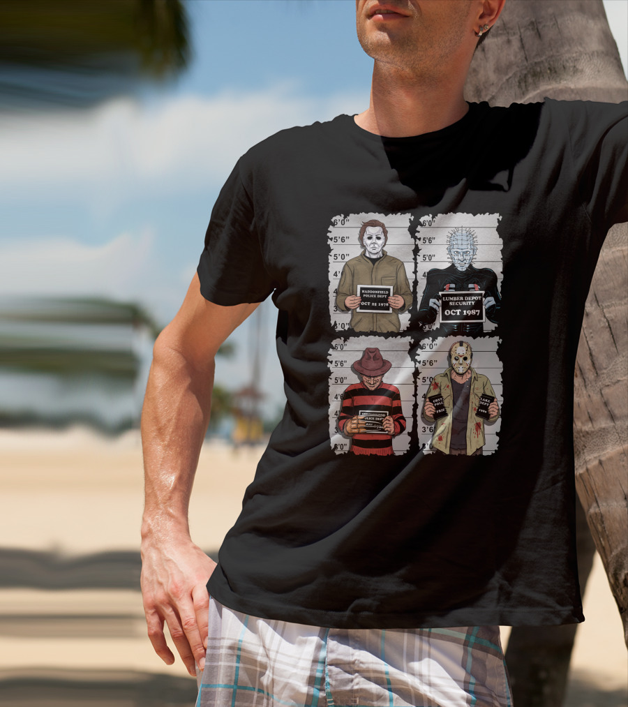 Horror Movie Characters Mugshot Haddonfield Lumber Depot Freddy Elm Street Lake Crystal T-Shirt