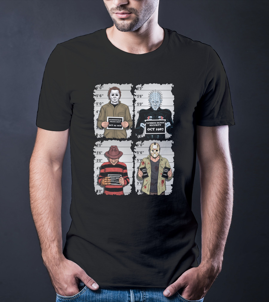 Horror Movie Characters Mugshot Haddonfield Lumber Depot Freddy Elm Street Lake Crystal T-Shirt