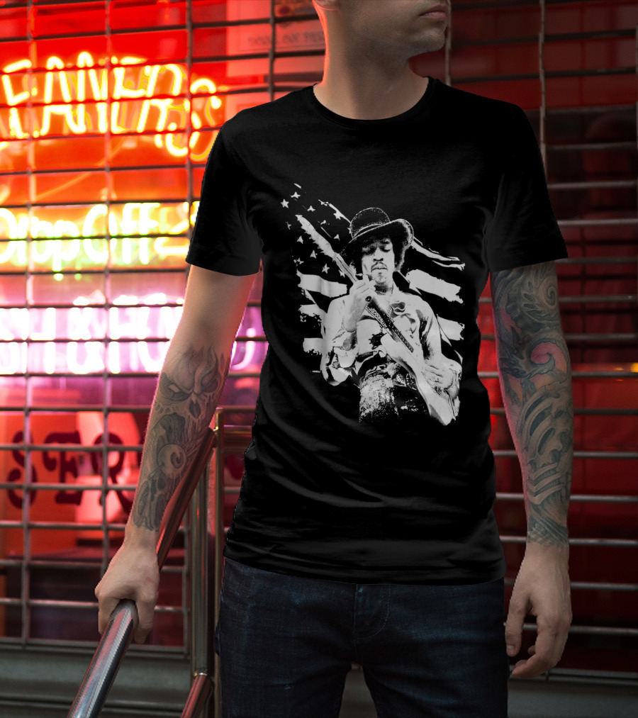 Jimi Hendrix Americana With Stars And Stripes Flag T-Shirt