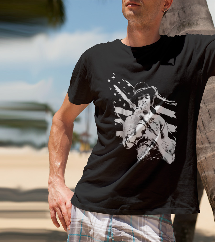 Jimi Hendrix Americana With Stars And Stripes Flag T-Shirt