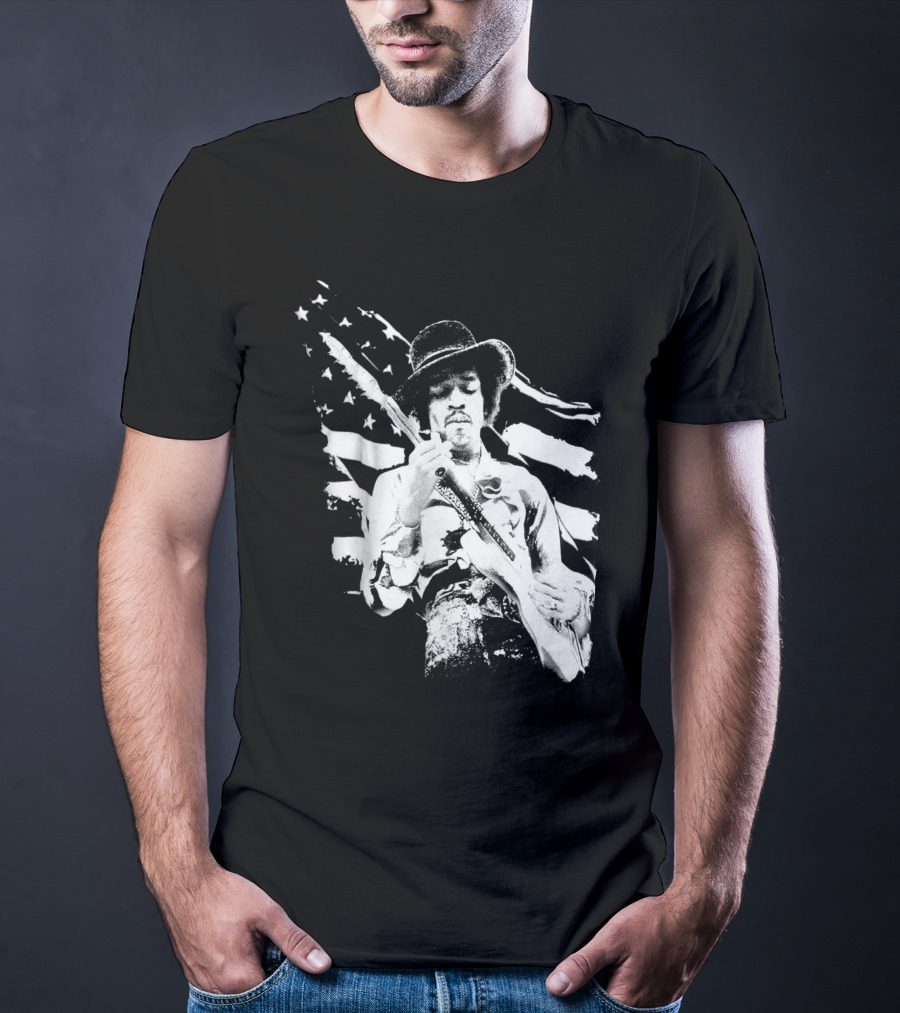 Jimi Hendrix Americana With Stars And Stripes Flag T-Shirt