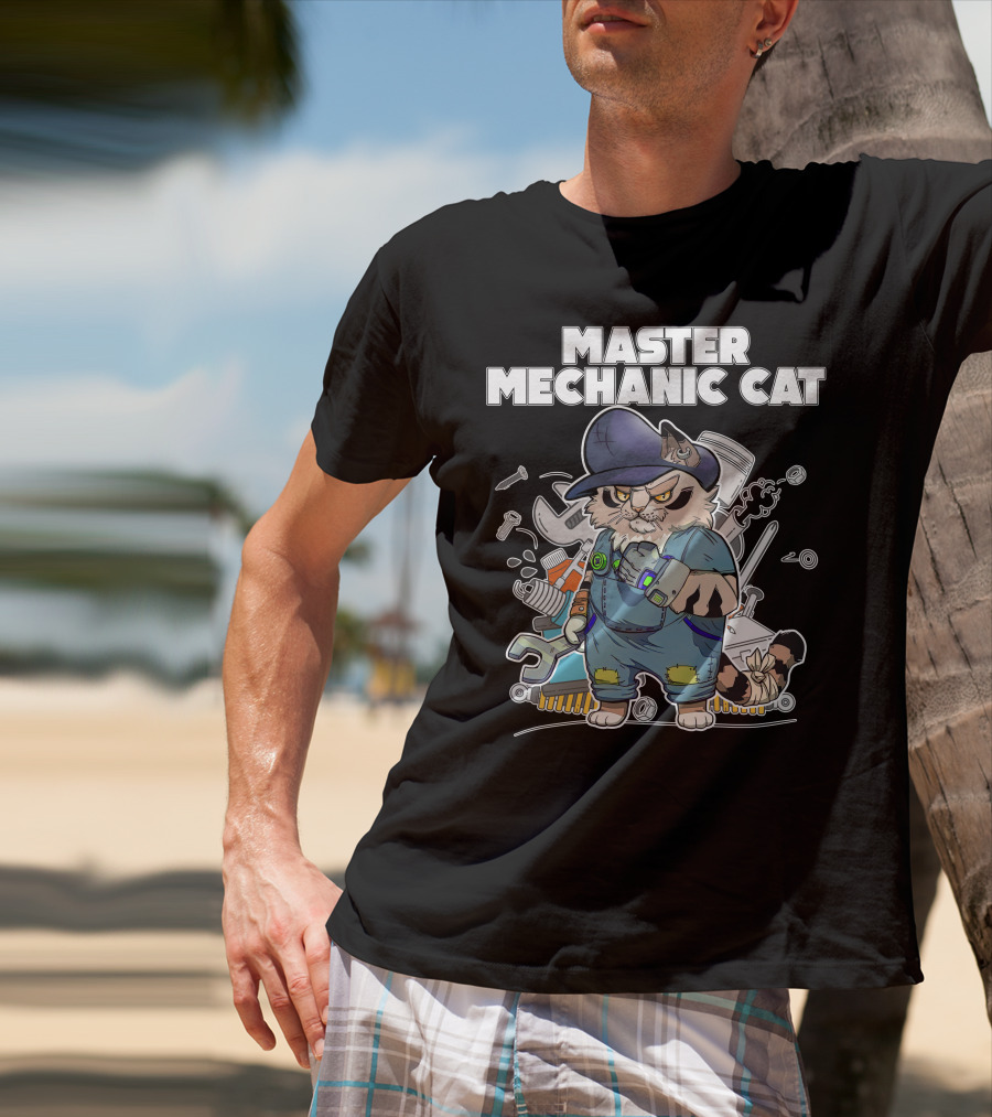 Master Mechanic Cat Repair Crew With Tools And Blue Overalls T-Shirt
