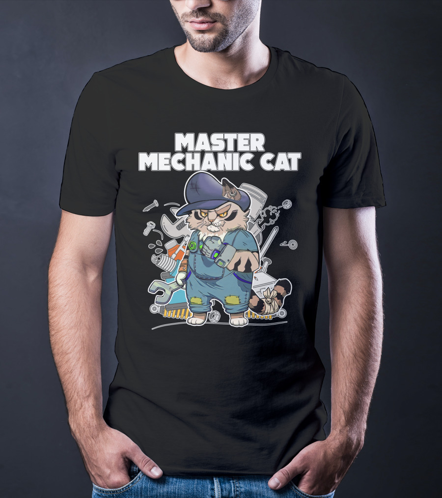 Master Mechanic Cat Repair Crew With Tools And Blue Overalls T-Shirt