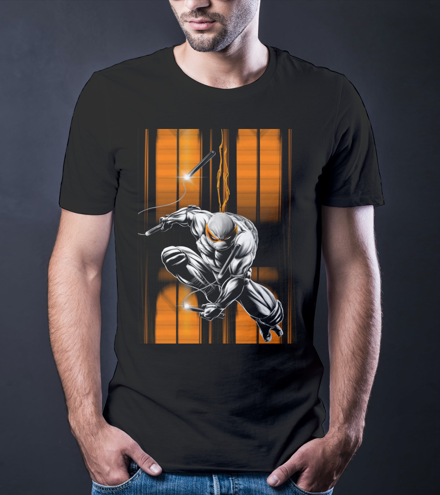 Michelangelo Ninja Turtle Nunchaku Action Orange Stripes T-Shirt