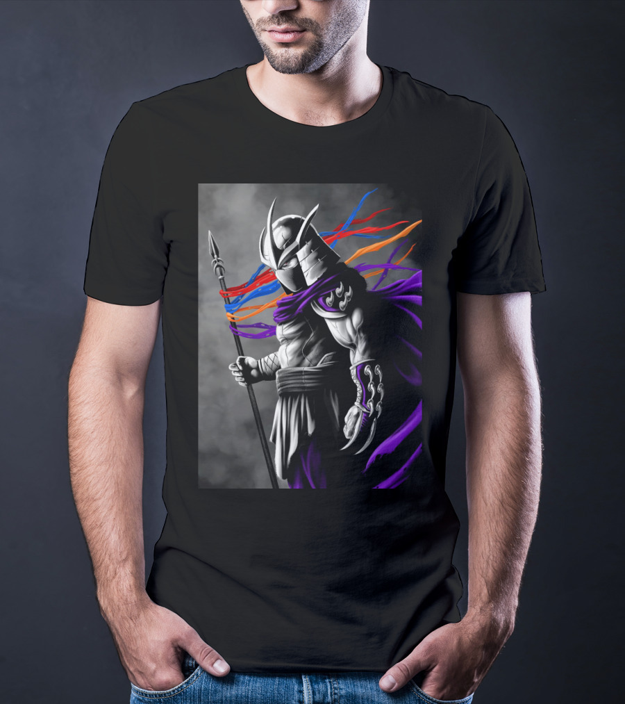 Shredder Villain With Spear And Flowing Cape In Colorful Ribbons T-Shirt