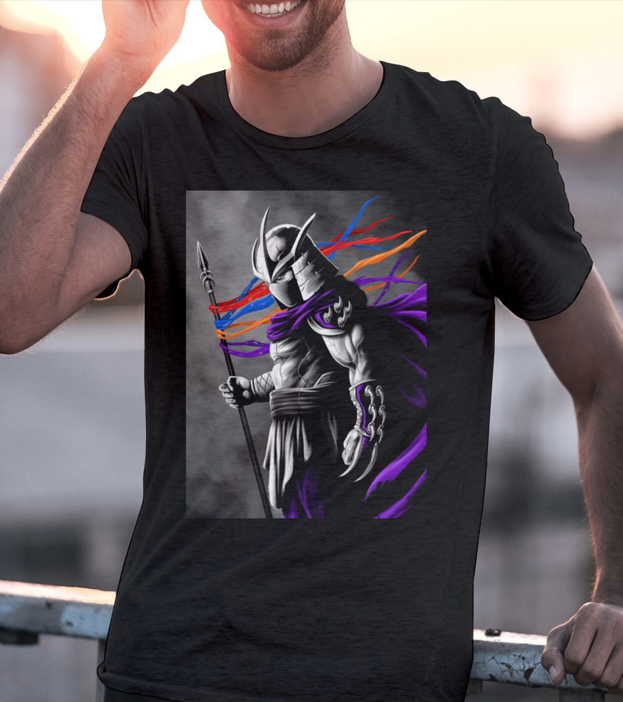 Shredder Villain With Spear And Flowing Cape In Colorful Ribbons T-Shirt