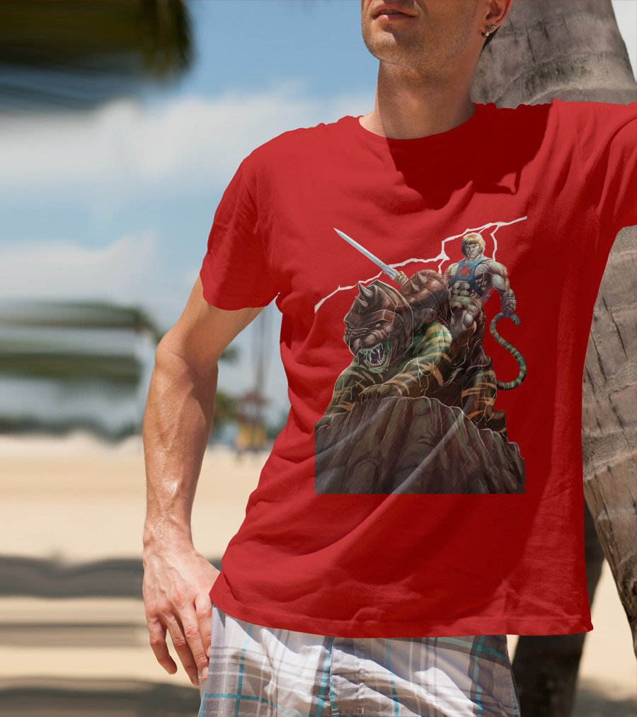 He-Man Masters Of The Universe Sword And Battle Cat On Rock With Lightning T-Shirt