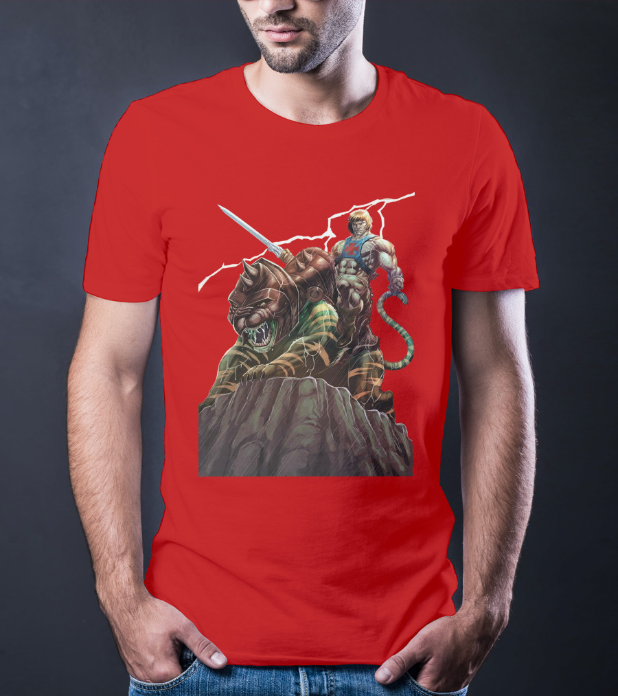 He-Man Masters Of The Universe Sword And Battle Cat On Rock With Lightning T-Shirt