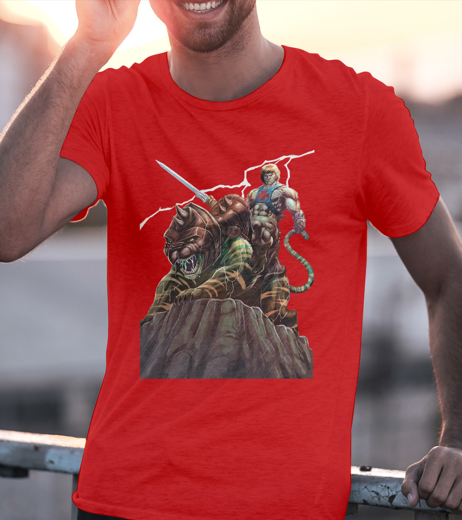 He-Man Masters Of The Universe Sword And Battle Cat On Rock With Lightning T-Shirt
