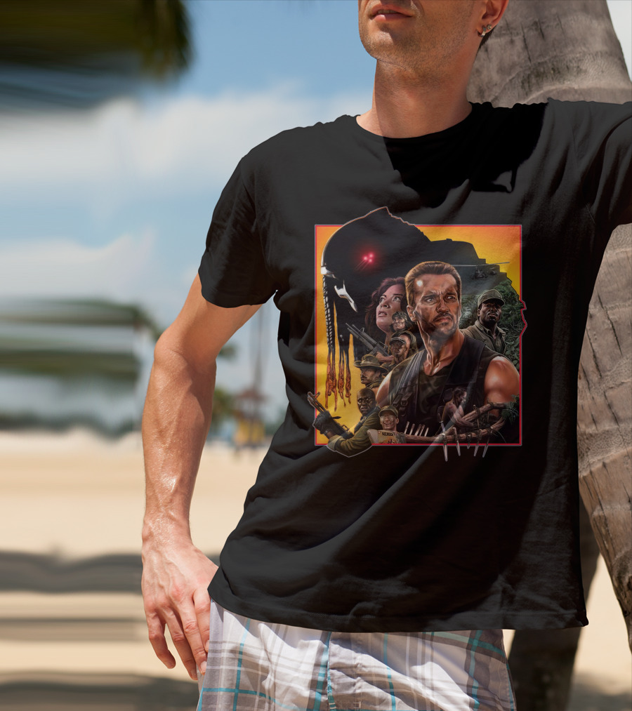 Predator Movie Characters And Jungle Battle Scene T-Shirt