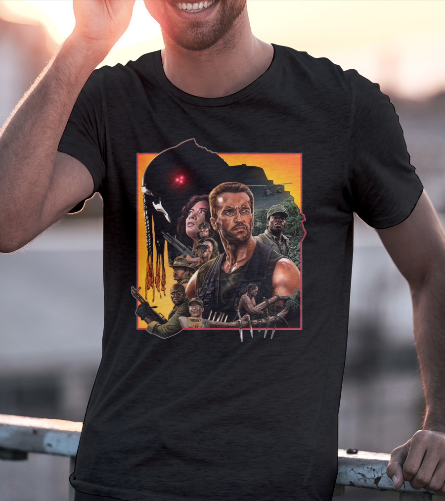 Predator Movie Characters And Jungle Battle Scene T-Shirt