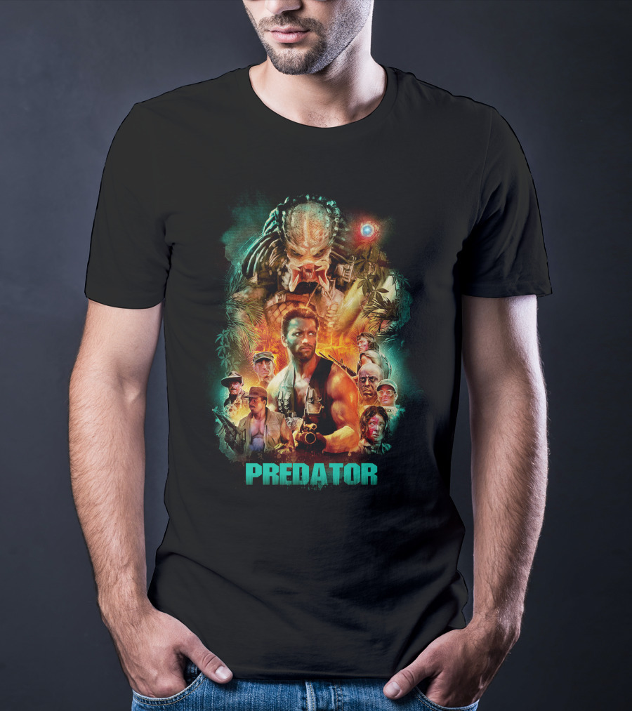 Predator Movie Collage Featuring Iconic Characters And Alien Hunter T-Shirt
