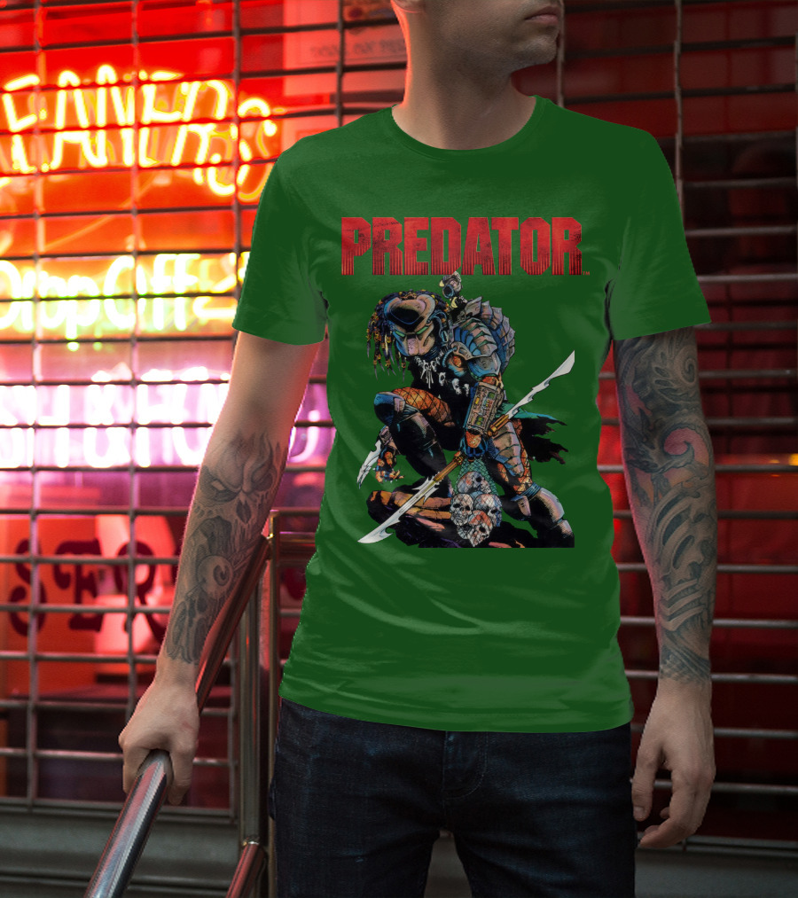 Predator Armored Warrior Kneeling With Blade And Skull Trophy T-Shirt