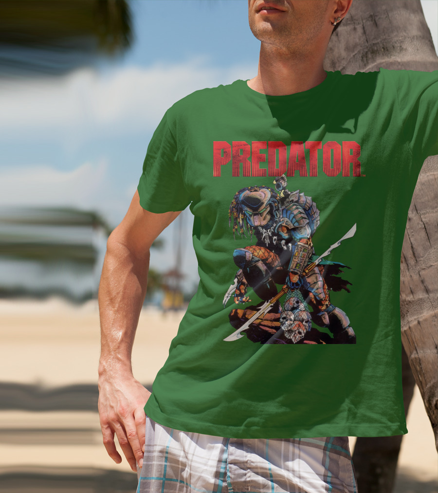 Predator Armored Warrior Kneeling With Blade And Skull Trophy T-Shirt