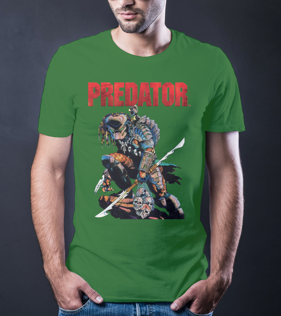 Predator Armored Warrior Kneeling With Blade And Skull Trophy T-Shirt