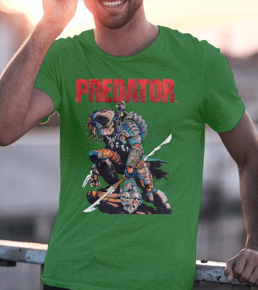 Predator Armored Warrior Kneeling With Blade And Skull Trophy T-Shirt