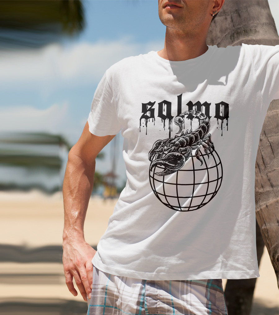 Salmo Scorpio With Dripping Text And Scorpion On Globe T-Shirt