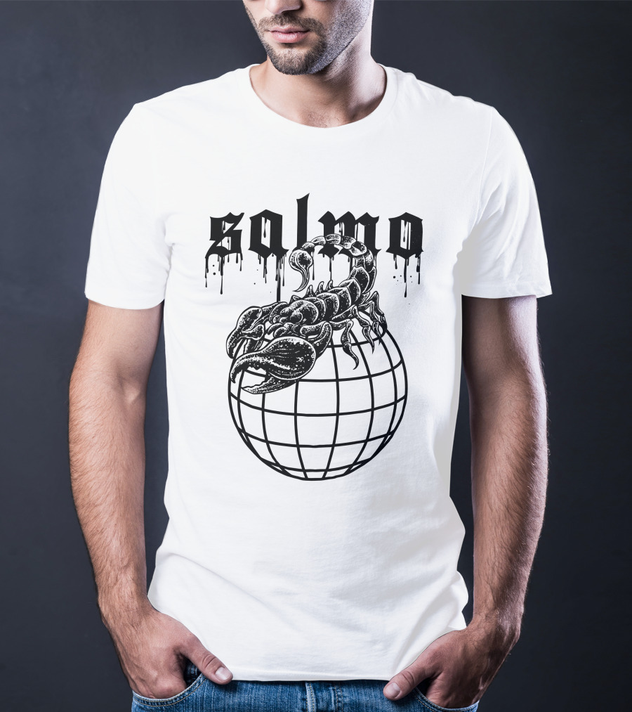 Salmo Scorpio With Dripping Text And Scorpion On Globe T-Shirt