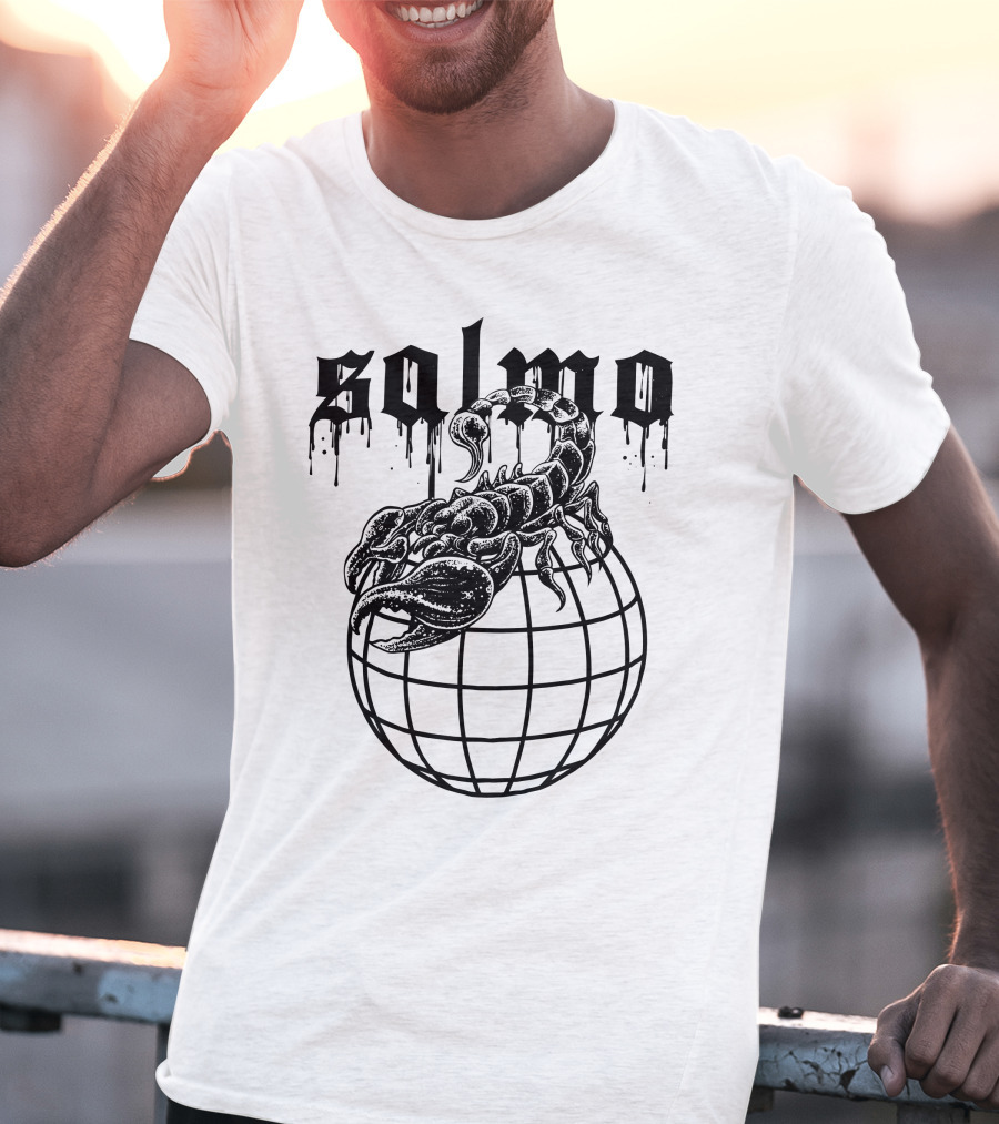 Salmo Scorpio With Dripping Text And Scorpion On Globe T-Shirt