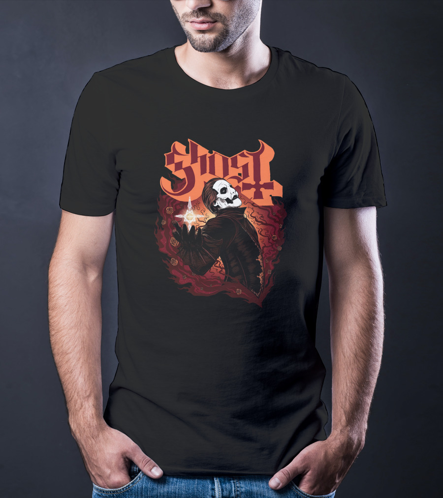 Ghost Band Skull Figure Red Flames T-Shirt