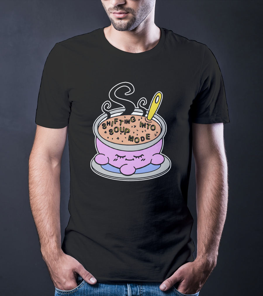 Shifting Into Soup Mode Adorable Pink Character In Relaxing Steamy Bowl With Yellow Spoon T-Shirt
