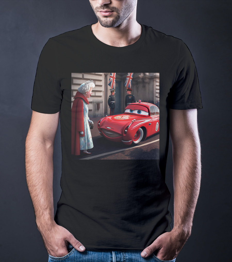 Lightning McQueen Meets Queen Of England With British Guards And Flags T-Shirt
