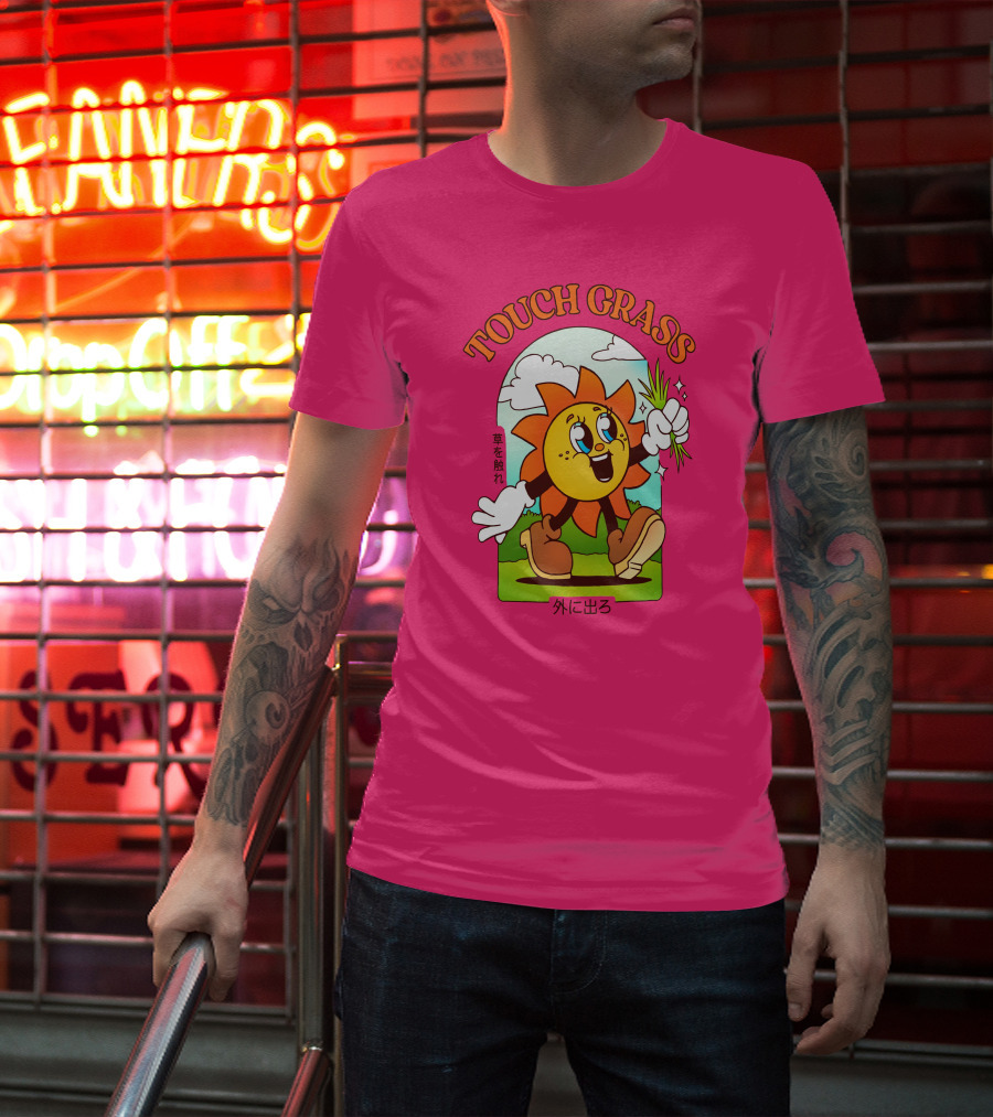 TOUCH GRASS Hellvetika Sunflower Character Boots Japan Text T-Shirt
