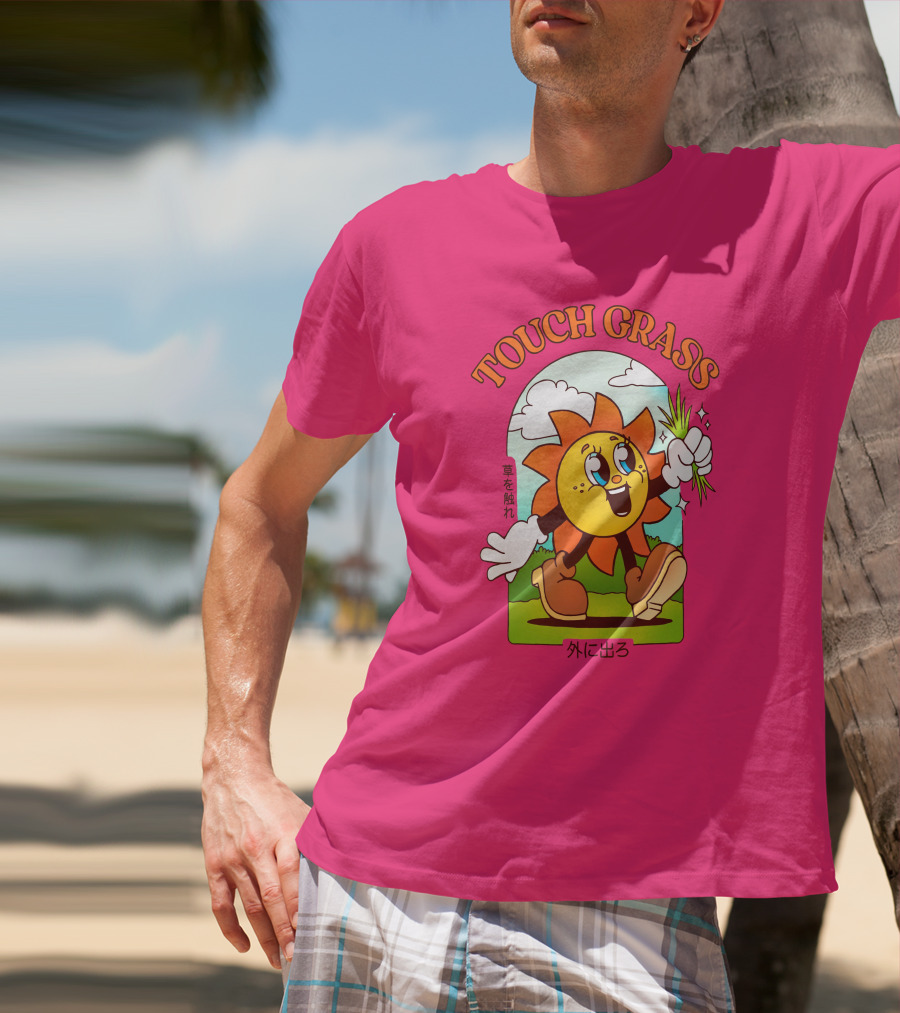 TOUCH GRASS Hellvetika Sunflower Character Boots Japan Text T-Shirt
