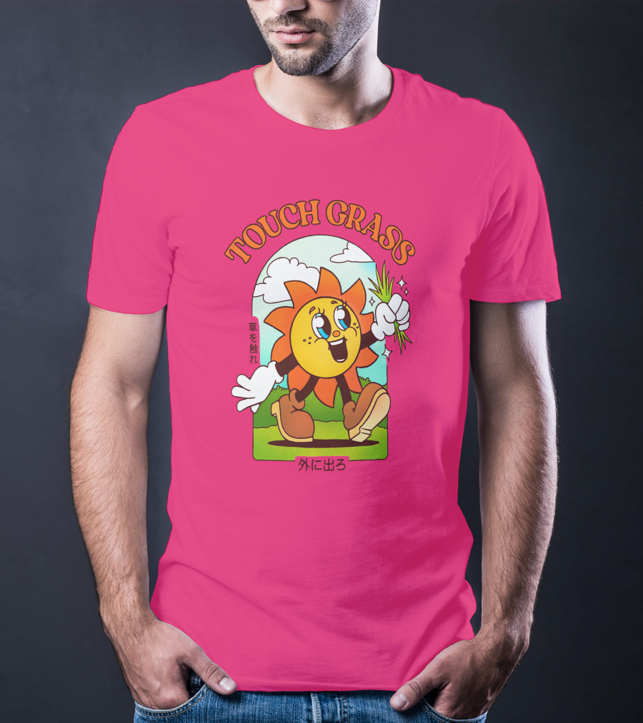 TOUCH GRASS Hellvetika Sunflower Character Boots Japan Text T-Shirt