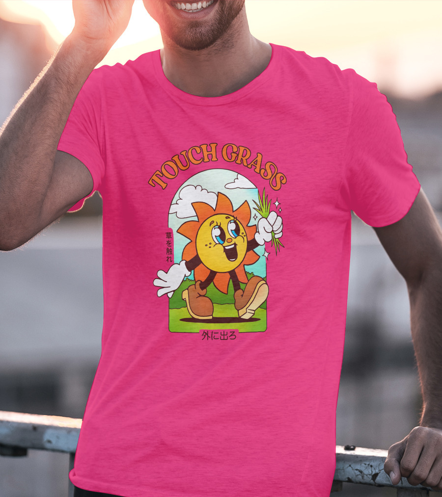 TOUCH GRASS Hellvetika Sunflower Character Boots Japan Text T-Shirt