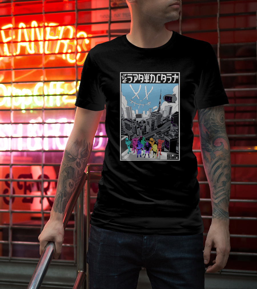 Spawncast Cyberpunk Cityscape With Masked Figures And Smiling Skyline Eyes T-Shirt