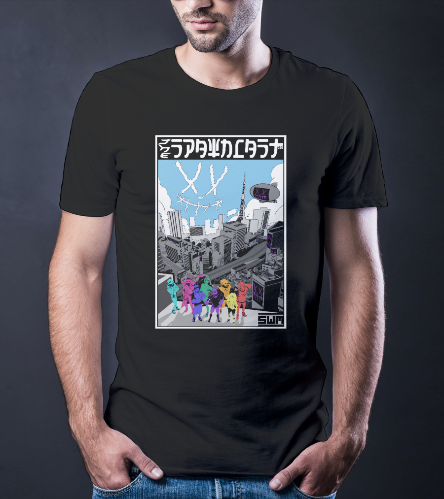 Spawncast Cyberpunk Cityscape With Masked Figures And Smiling Skyline Eyes T-Shirt