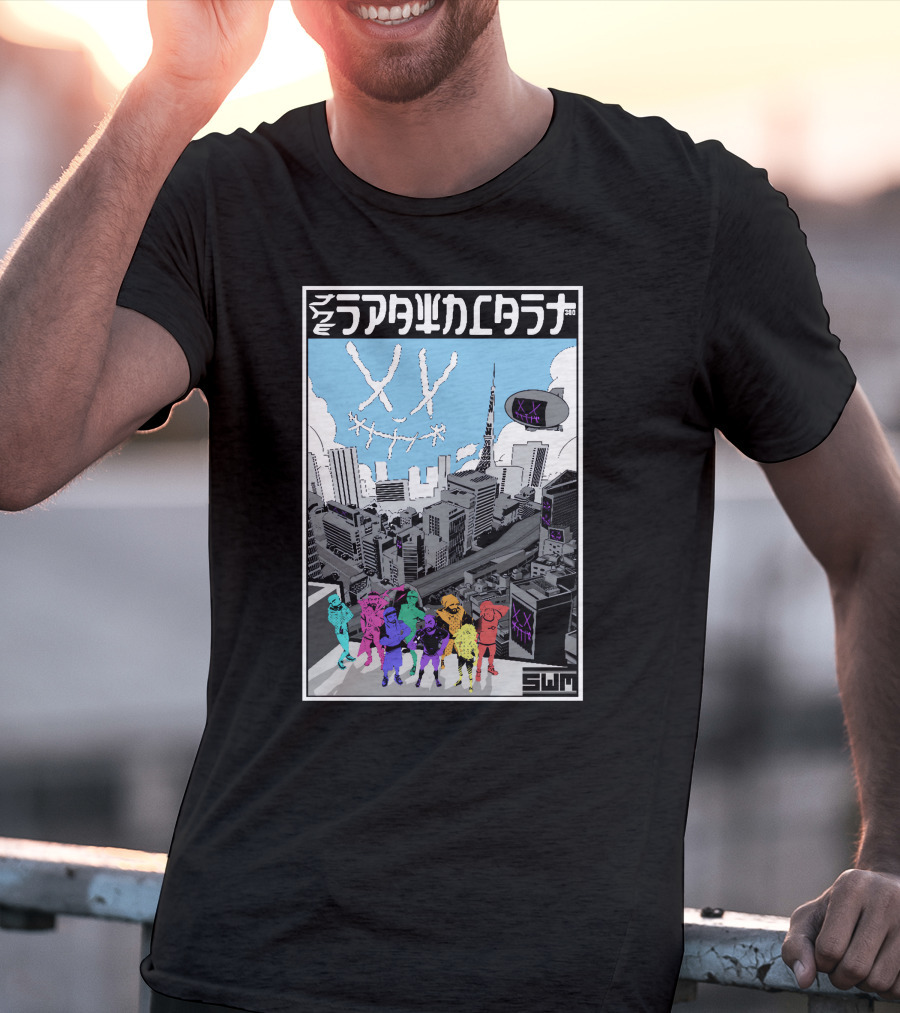 Spawncast Cyberpunk Cityscape With Masked Figures And Smiling Skyline Eyes T-Shirt