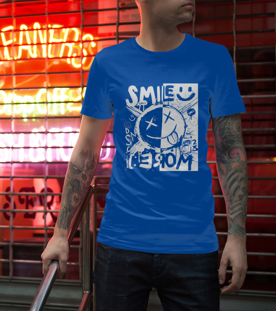 Smile More April Members Only Blue Grunge Style Smiley Face T-Shirt