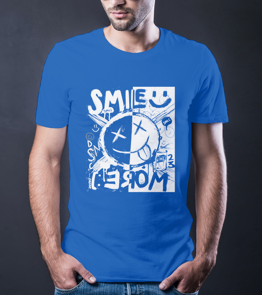 Smile More April Members Only Blue Grunge Style Smiley Face T-Shirt
